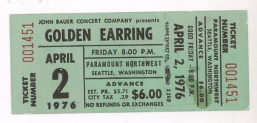 Golden Earring show ticket#1451 April 02, 1976 Seattle, Washington